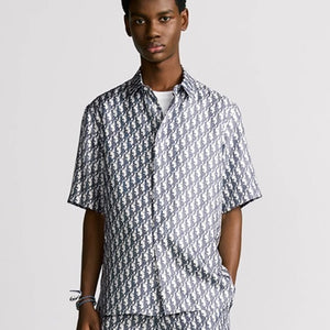 디올 오블리크 실크 반소매 셔츠 네이비