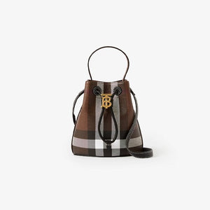 버버리 체크 레더 TB 미니 버킷백 다크 브라운