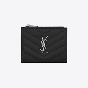 세인트로랑 모노그램 퀼티드 지퍼 카드지갑 블랙/은장