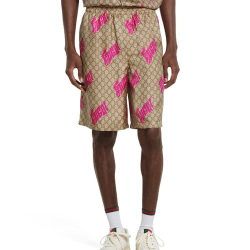 구찌 프린트 실크 트윌 반바지 베이지/핑크